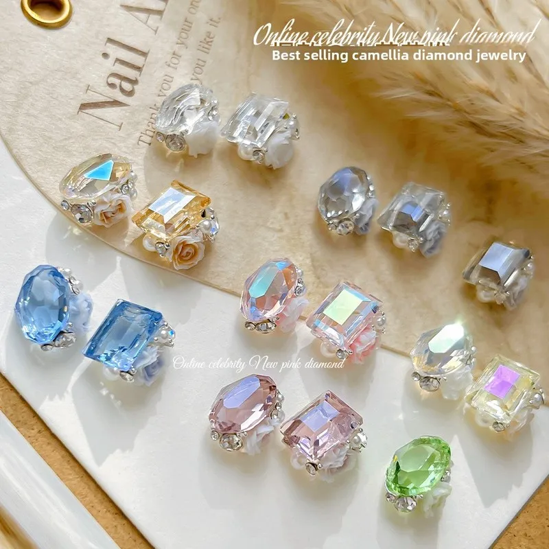 5pcs Sparkly Transparent Stacked Nail Charms Camellia Flower Oval Pigeon Egg Square Rhinestones DIY Manicure Nail Art Decoration