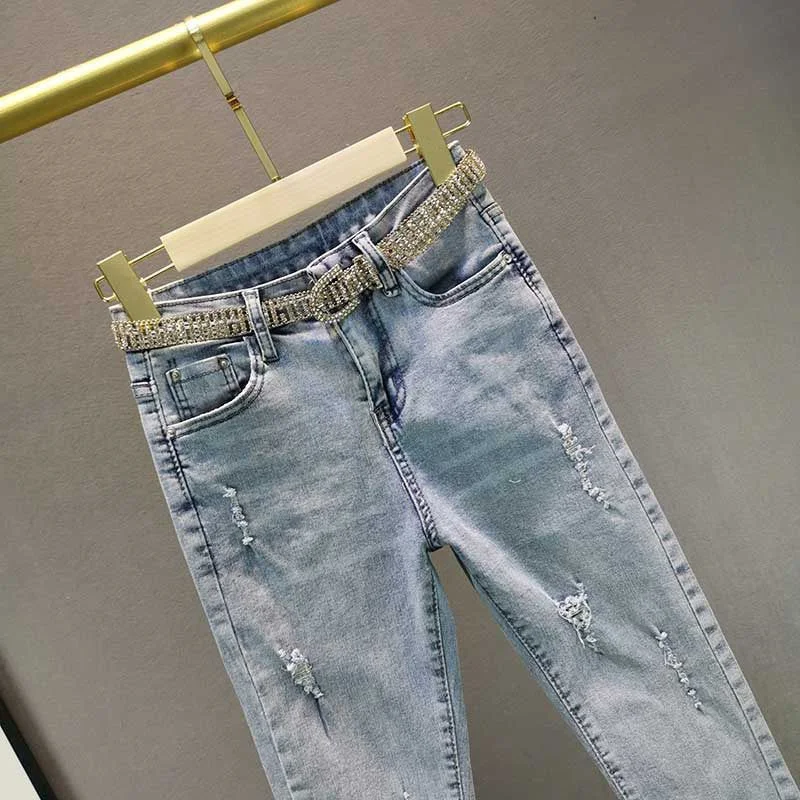 Imagem -04 - Jeans de Cintura Alta Feminina Versão Coreana Roupas de Verão Finas Franjadas de Diamantes Moda Feminina Calças de Nove Pontos Novo 2024