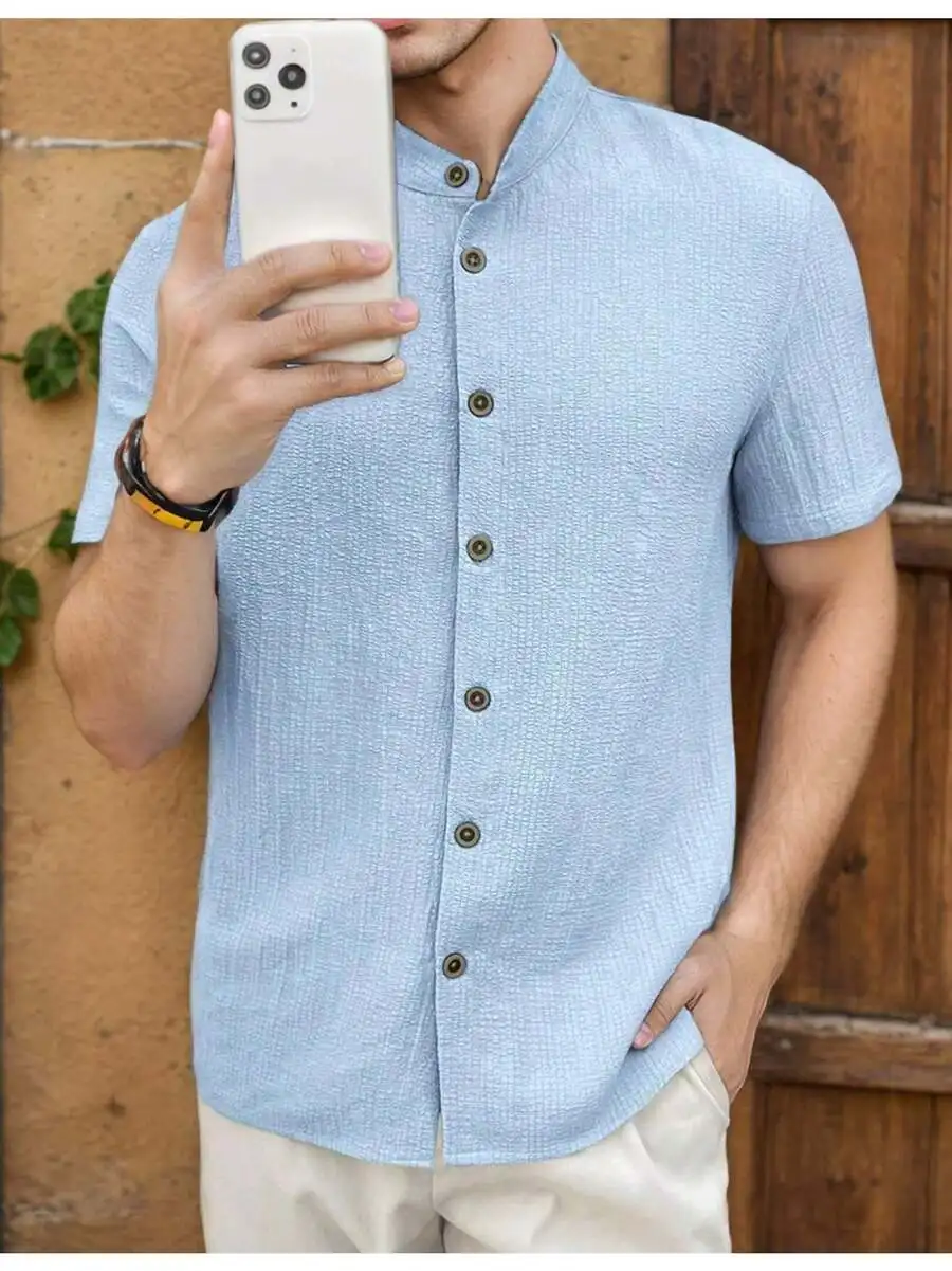 

Mens Linen Short Sleeve Button Down Casual Shirt Summer Beach Lightweight