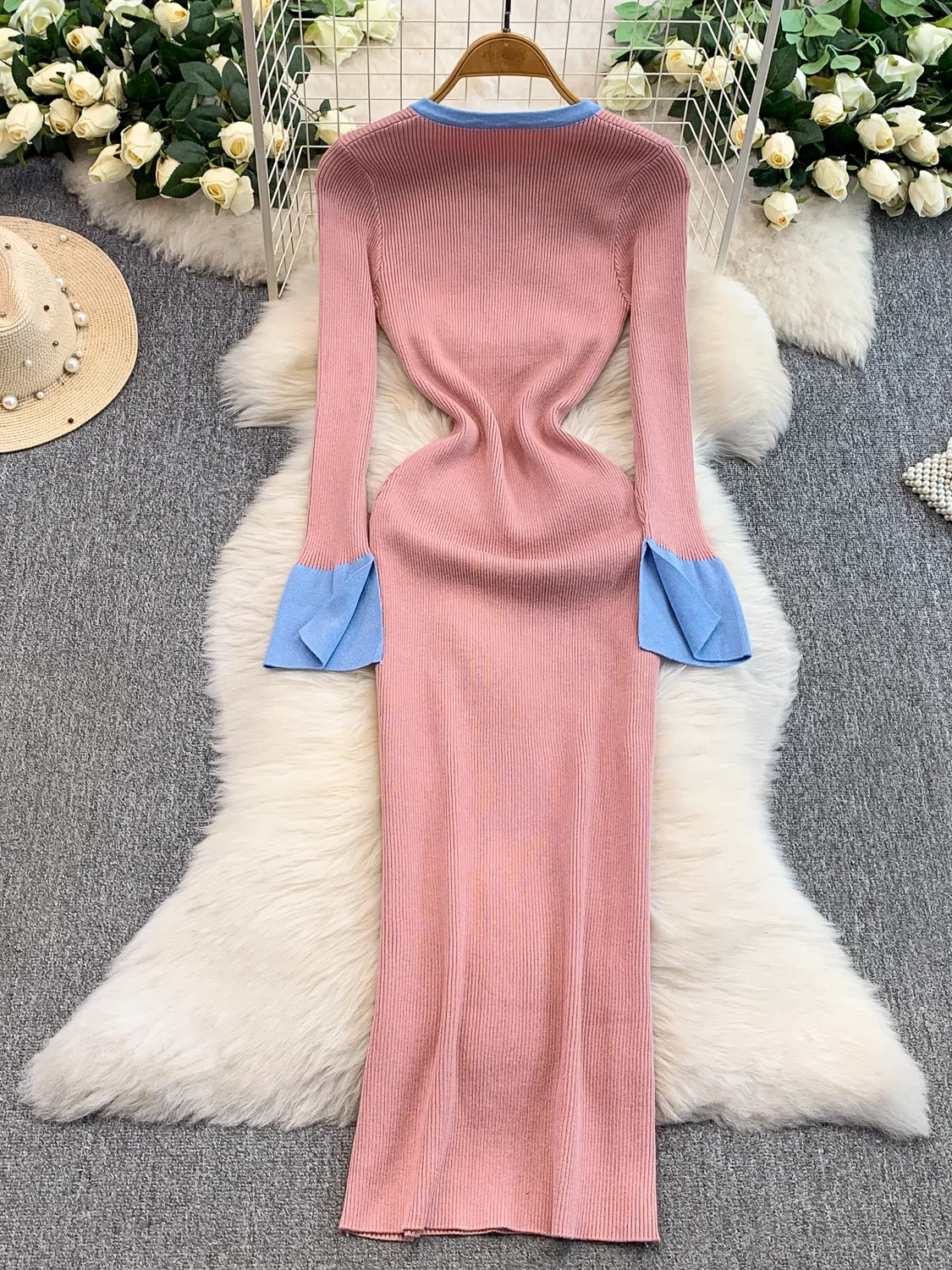 Faionable Color Blo round Ne Bell Sve Knitted Dr Women's Tight Slim Fit Long Skirt High Waist Commute Sle Autumn