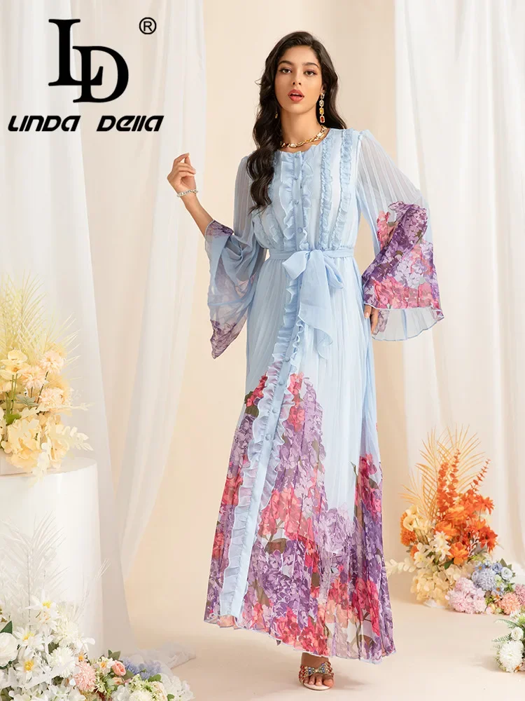 LD LINDA DELLAEuropean Style Star With Round Neck Long Sleeve With Wooden Ear Edge Pleated Printed Large Swing Women's Dress