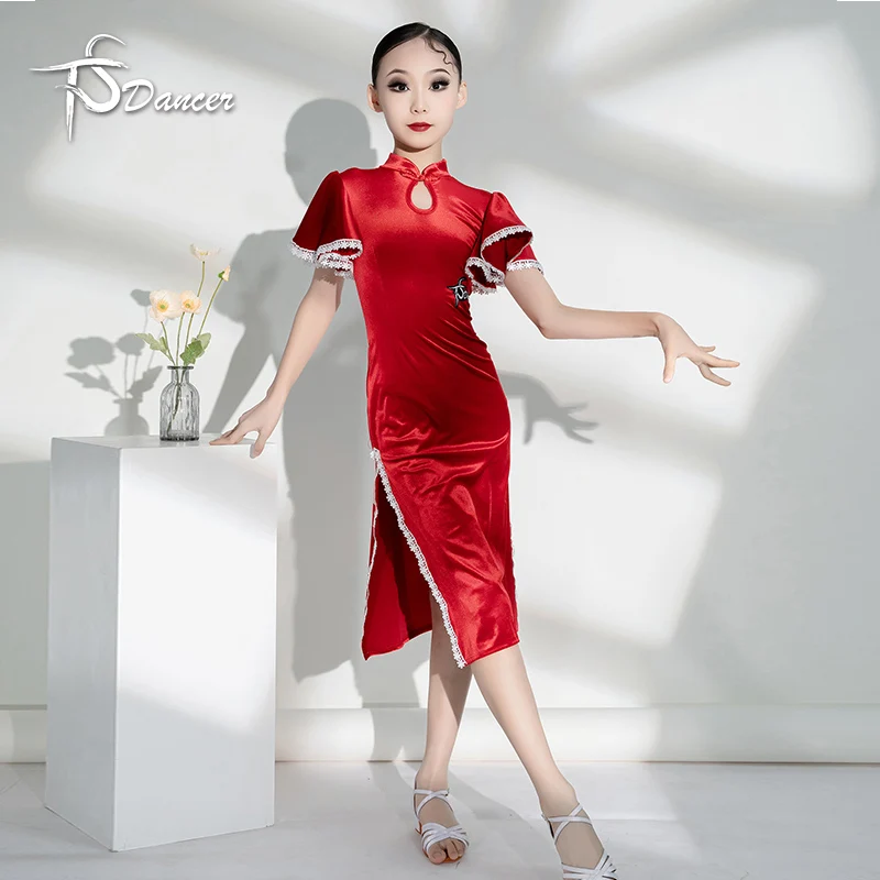 Latin dance practice clothes for girls, Chinese style cheongsam, New Year's Day, children's festive performance clothes, classic