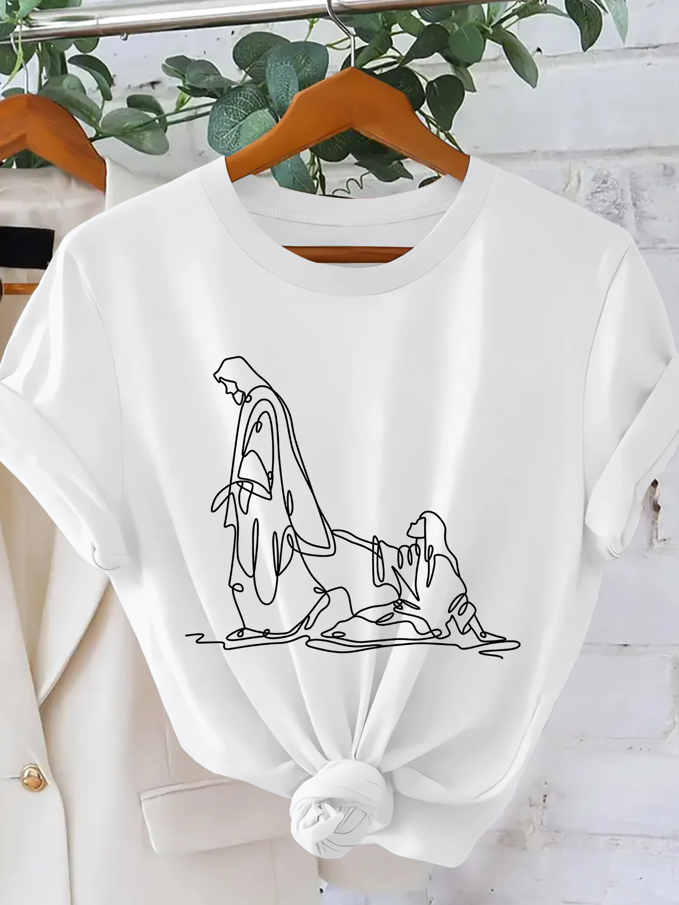 Minimalist One Stroke Jesus Zen Style Simple Round Neck Short Sleeved Retro Elegant Party Women's Clothing Vacation  Clothing