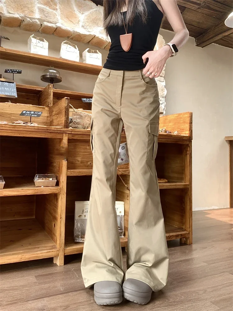 Pantalon décontracté kaki rétro américain pour femmes, nouveau style d'été, pantalon de sol taille haute, pantalon de travail à la mode