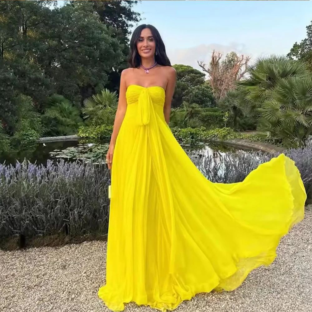 

Желтое вечернее платье из шифона без бретелек с открытой спиной, платье для выпускного вечера 2025 года, свадебное платье для гостей, элегантное вечернее платье, вечернее платье по индивидуальному заказу