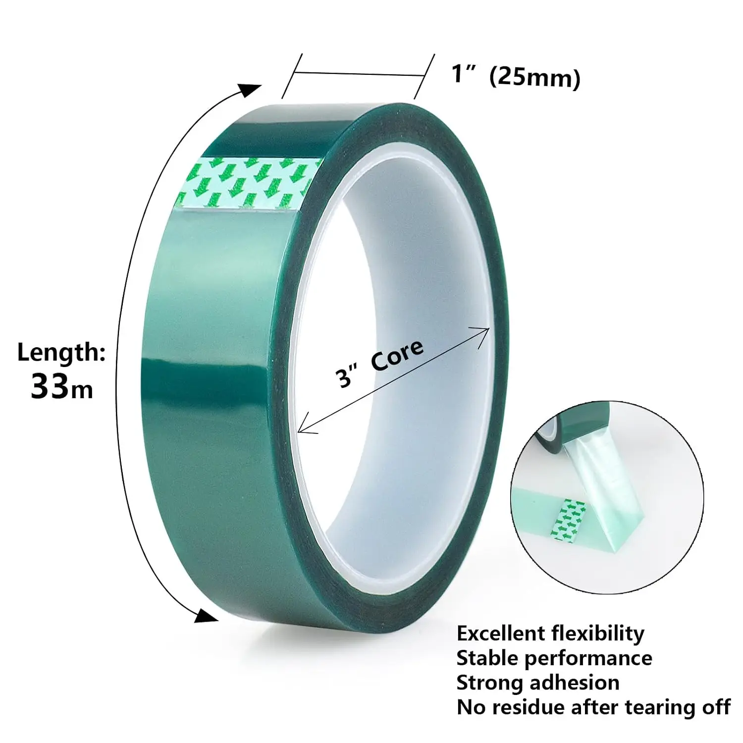 3rolls 60 Micron Green PET Silicone Masking Tape, 0.06mm Heat Resistant No Residue Tape for PCB Soldering, Powder Coating