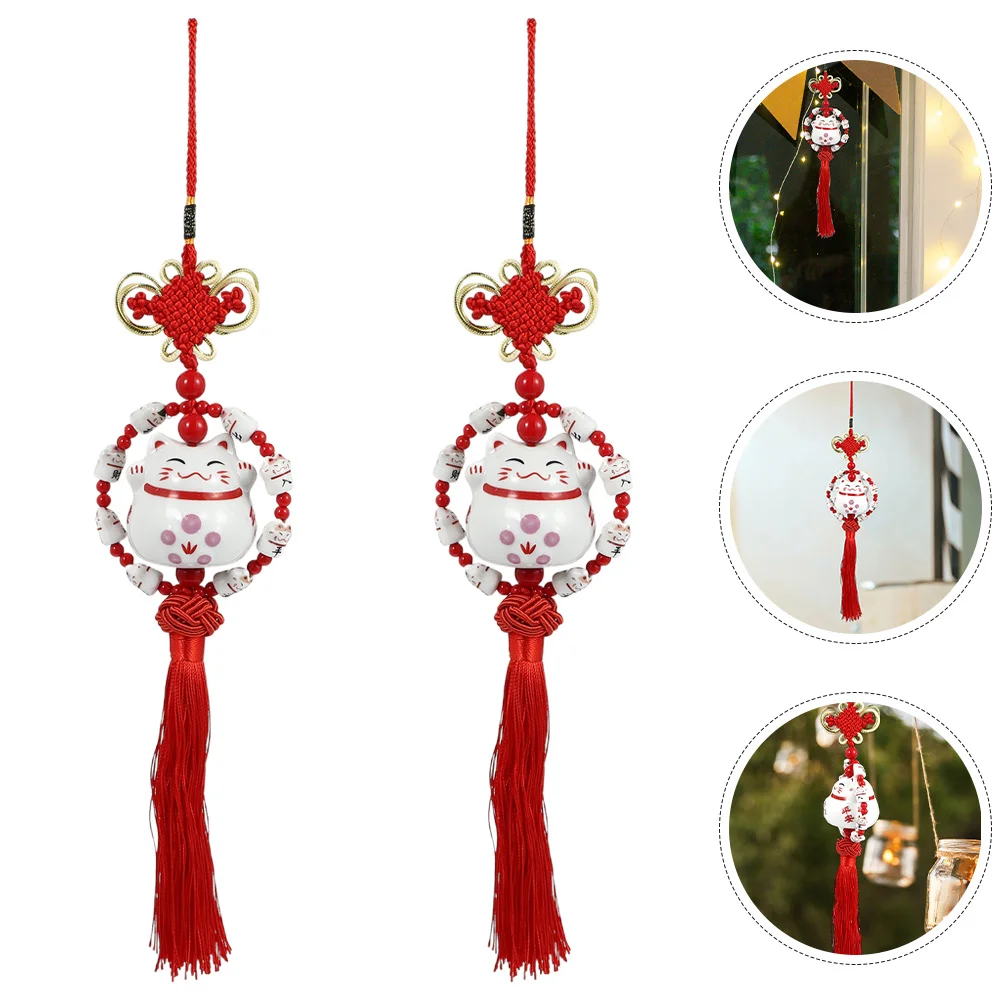

Cat Car Mirror Hanging Porcelain Kitten Charm Red Feng Shui Chinese Knot Tassel Car Interior Decor Cat Ornaments