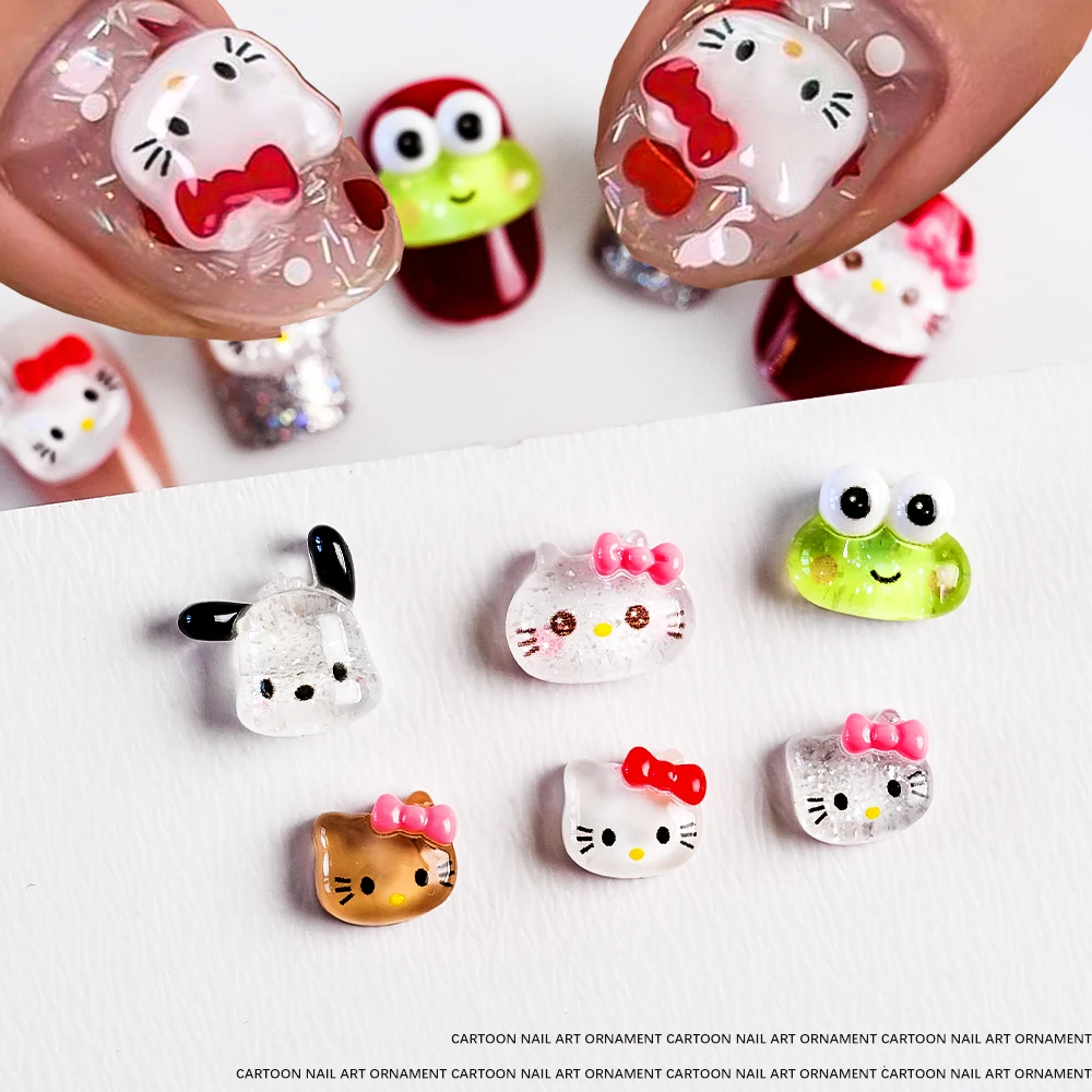 

10pcs Cute Hello Kitty Resin Nail Charms Cartoon Kuromi Melody Cat Head Frog Rhinestone Nail DIY Crafts Manicure Decoration