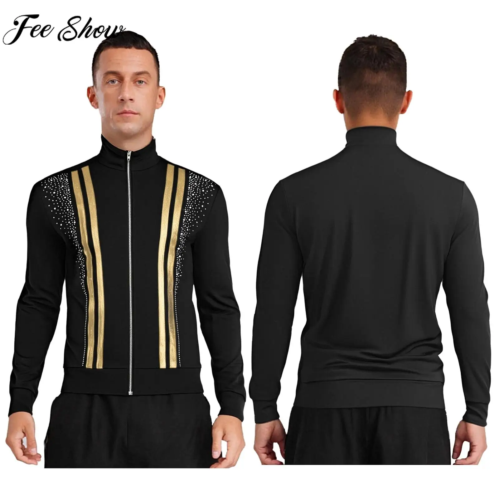 Veste de gymnastique pour hommes, patinage artistique, hauts à manches longues, strass brillants, manteau à col montant pour danse latine, Tango, Rumba, salle de bal