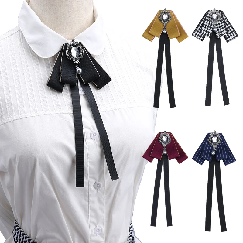 Handmade New Retro Ribbon Women Long Bowtie Diamond Girls Bowknot Bow Tie Cravat Crystal Brooch Pin Fashion Jewelry Accessories