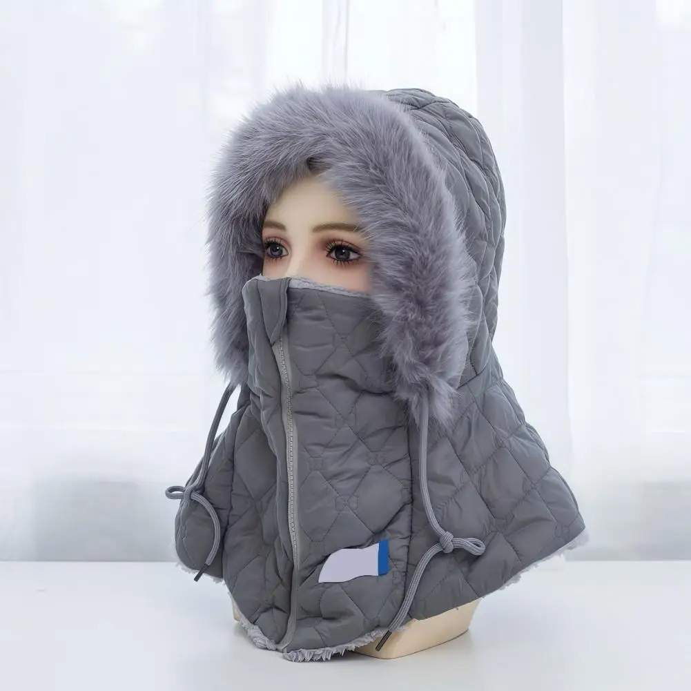 Ski Face Mask Women Winter Balaclava Hat with Quilted Face Mask Fleece Lined Hood Hat Zipper Closure Fuzzy Trim Warm Windproof