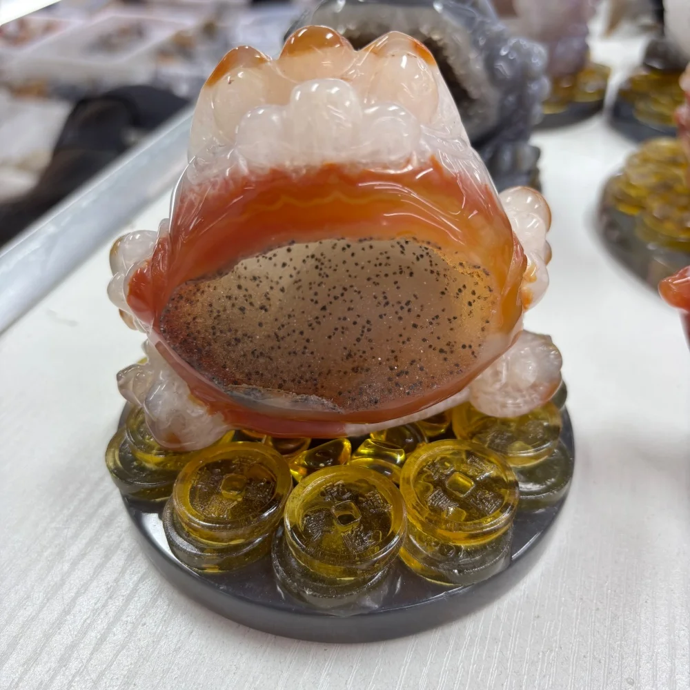 1PC Natural Agate Geode Three-legged Money Toad Hand Carved Crystal Figurine Quartz Druzy Feng Shui Wealth Statue Home Office De