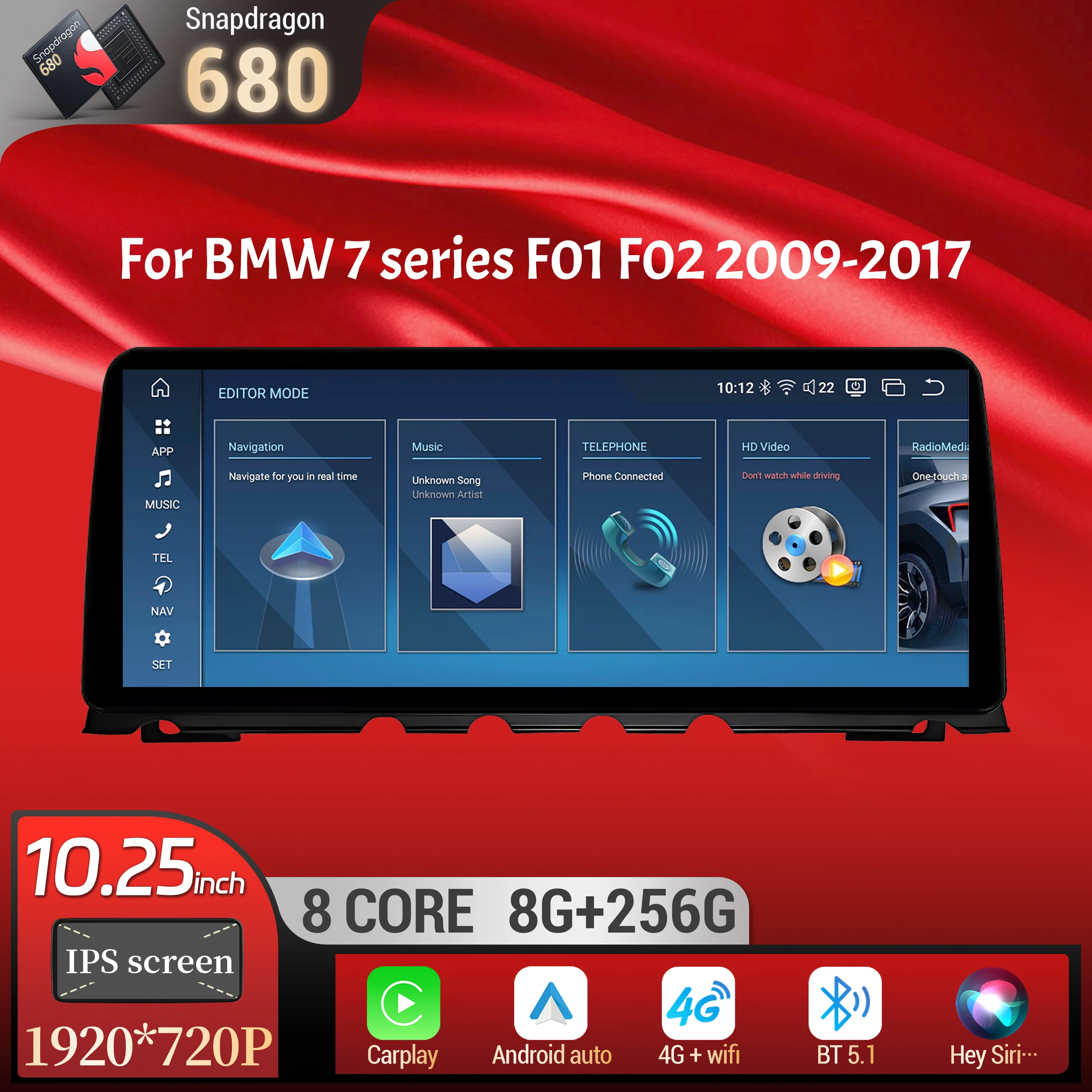 

10.25 inch Android 13 For BMW 7 series F01 F02 2009-2017 Car Radio Wireless Bluetooth Carplay Snapdragon 680 Head Unit Screen