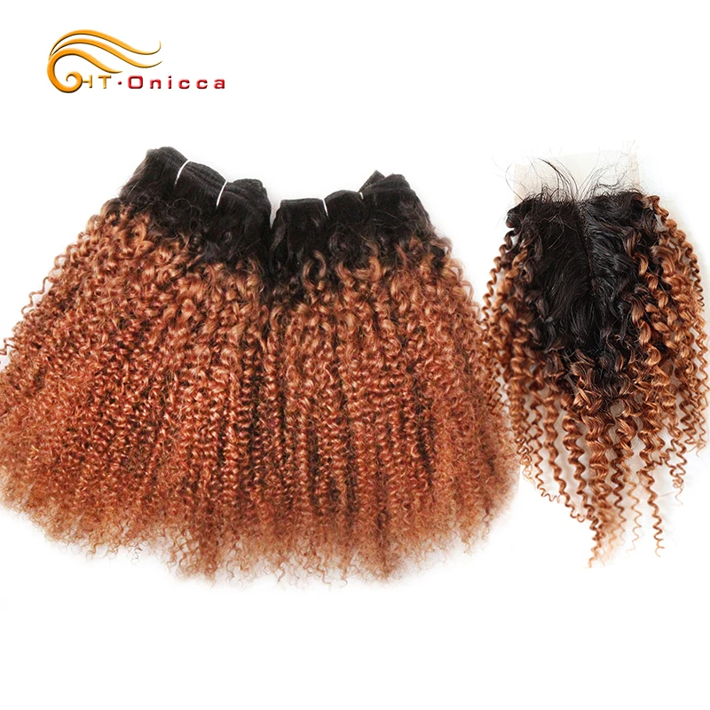 Mèches brésiliennes bouclées avec Closure, cheveux naturels, Jerry Curl, ombré, 6 paquets avec Closure