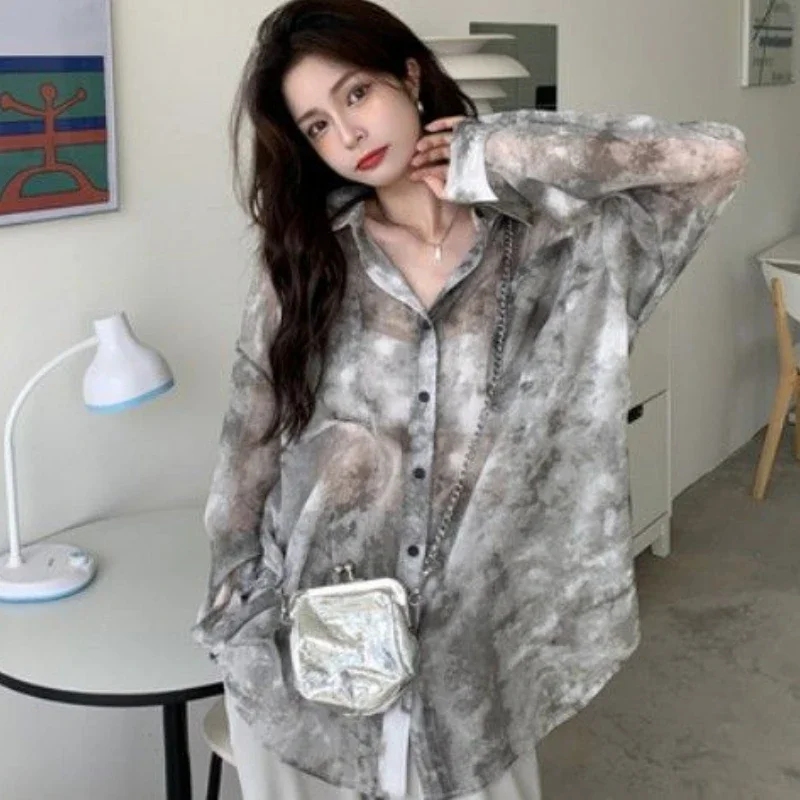

Vintage Tie Dye Women Chiffon Blouse Summer Thin Sun Protection Shirts Fashion Korean Elegant Long Sleeve Female Shirts ZT686