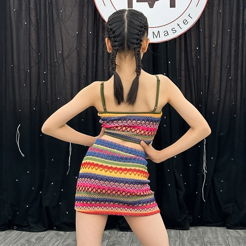 Vestito da ballo latino colorato Ragazze estive Sling Top Gonna avvolgente Set ChaCha Rumba Abiti da pratica Abbigliamento da ballo per bambini 3765