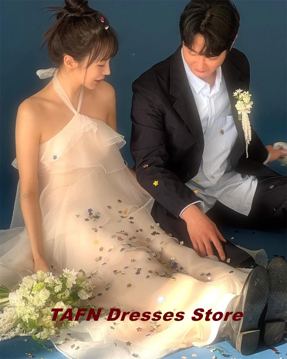 TAFN Halter Lovely Wedding Shooting Dresses Tiered Draped A-line Reception Dresses 피로연드레스 Bridal Gown ウエディングドレス Customized