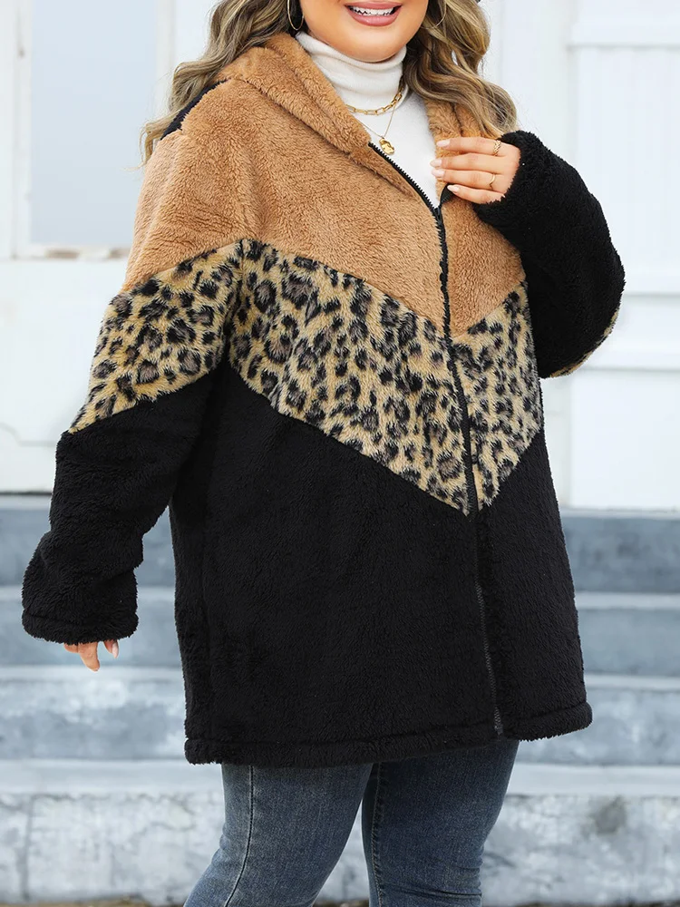 GIBSIE Plus Size Leopard Color Block Zip Up Coat Women 2024 Autumn Winter Fleece Long Sleeve Thicken Warm Jacket Female Outwear