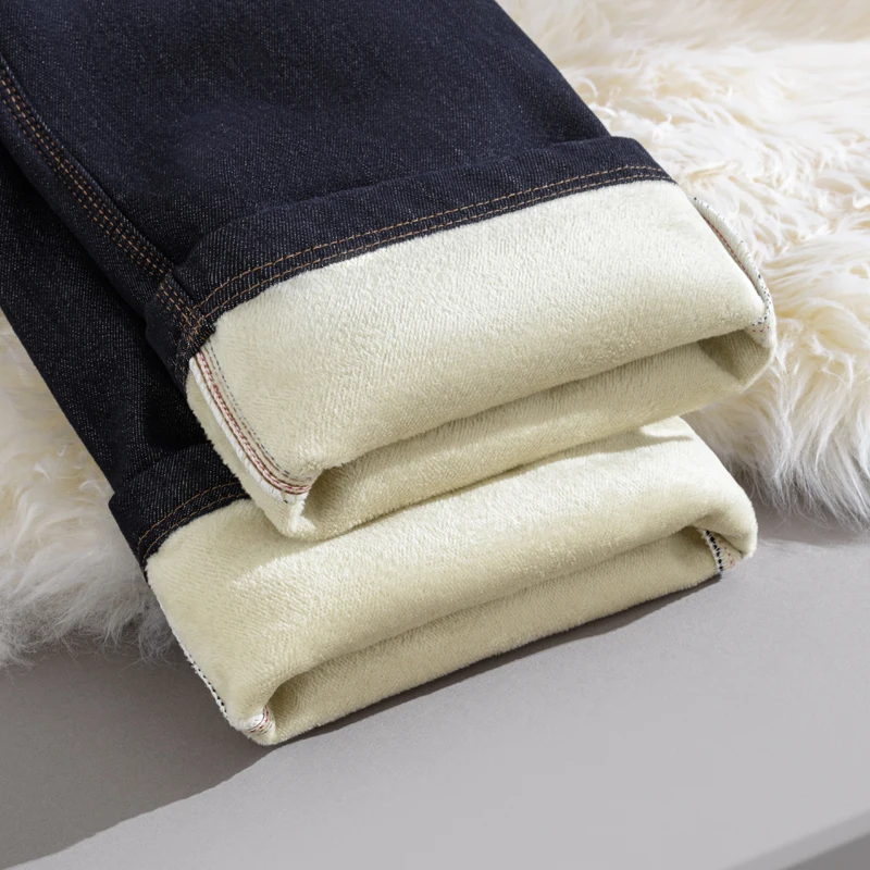 冬用 Y2K ハイウエスト ワイドレッグパンツ レディース 厚手フリース裏地 ディープブルー スリムフィット ストレートジーンズ