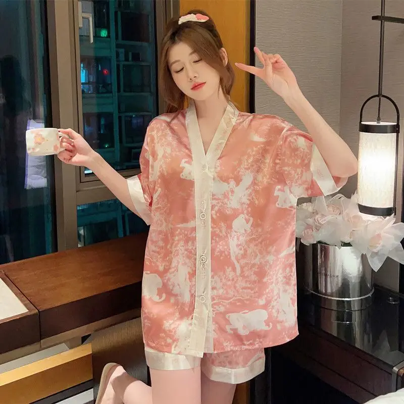 Luxury Women Silk Sleepwear Summer Short Sleeve Cardigan Shorts Two Pieces Homewear Kawaii Clothing Pajama Sets Nightwear Korean