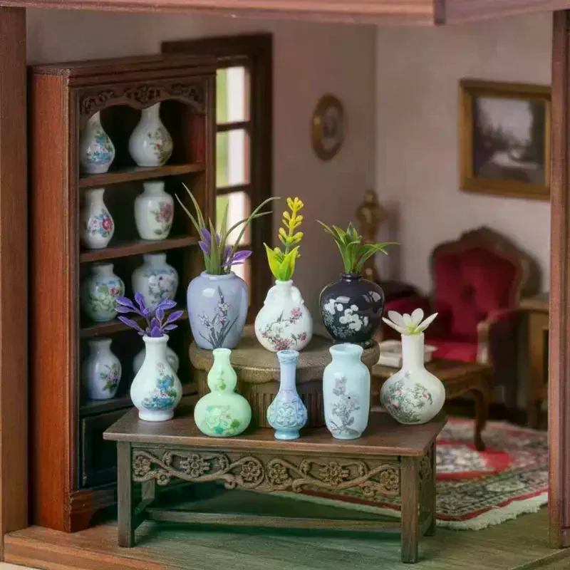 8Pcs Mini Resin Vase Imitation Porcelain Figurine Creative Micro Landscape Ornament for Home Desktop Decor