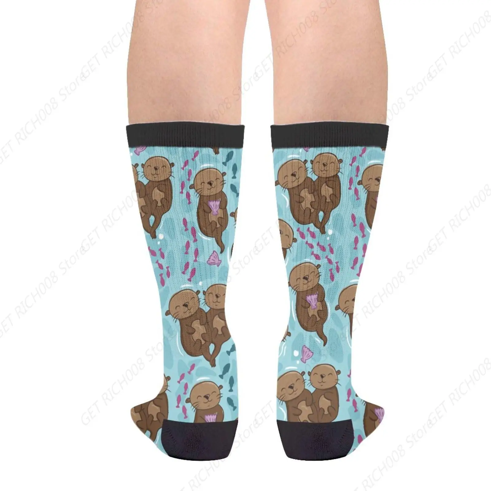 Cute Otter Otters Swim With Fish In The River Novelty Fun Crew Socks Fashion Comfortable Men And Women Crazy Dress Socks