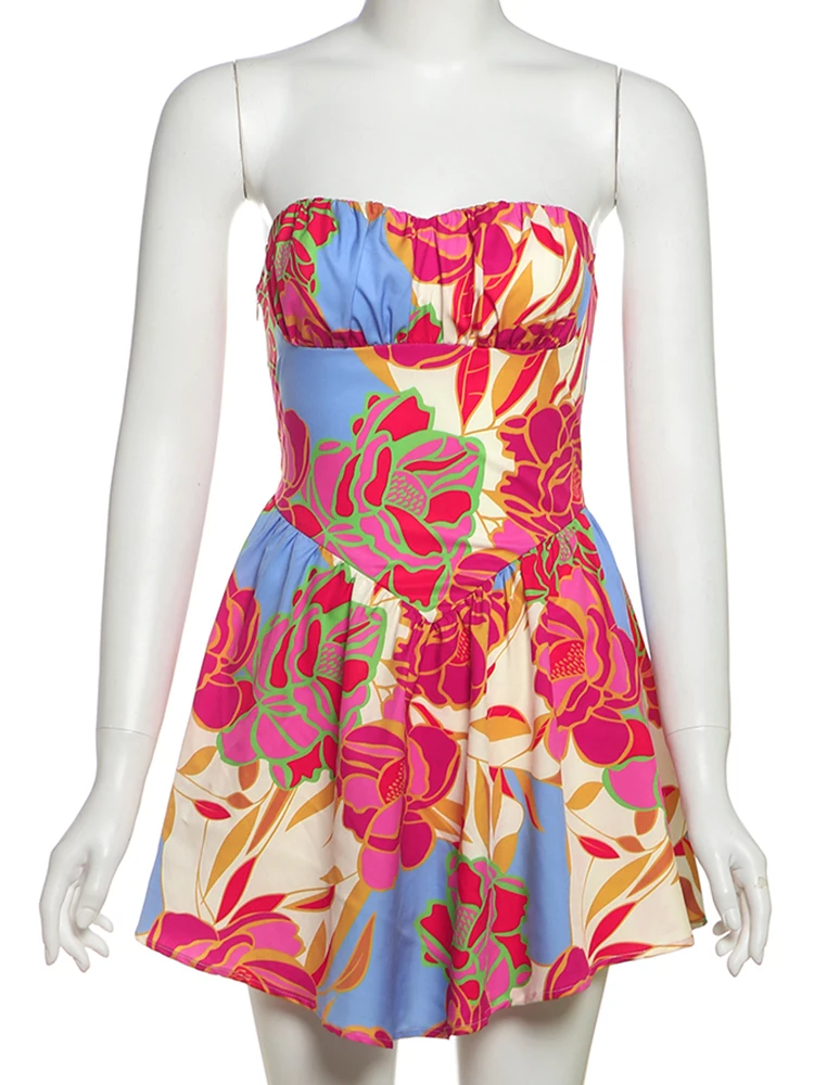 Insglas Sexy Doux Coloré Imprimer Bustier Robe Femmes Hors Épaule Dos Nu Ruché Volants Vacances Y2K Style Mini Moulante