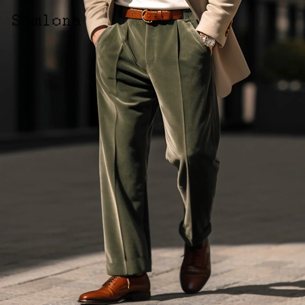

2024 Men Elegant Fashion Straight Pants Army Green Soft Mid Waist Velvet Trousers Plus Size Mens Vintage Zipper Pocket Pants New