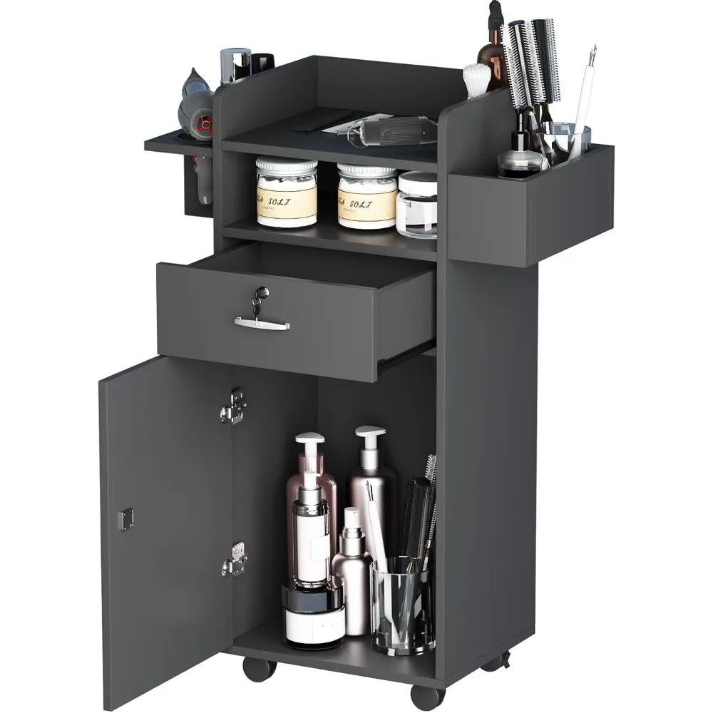 Salon Station, Versatile Salon Stations for Hair Stylists with Locking Drawers and 3 Tool Holsters Spa Storage Trolley Cart