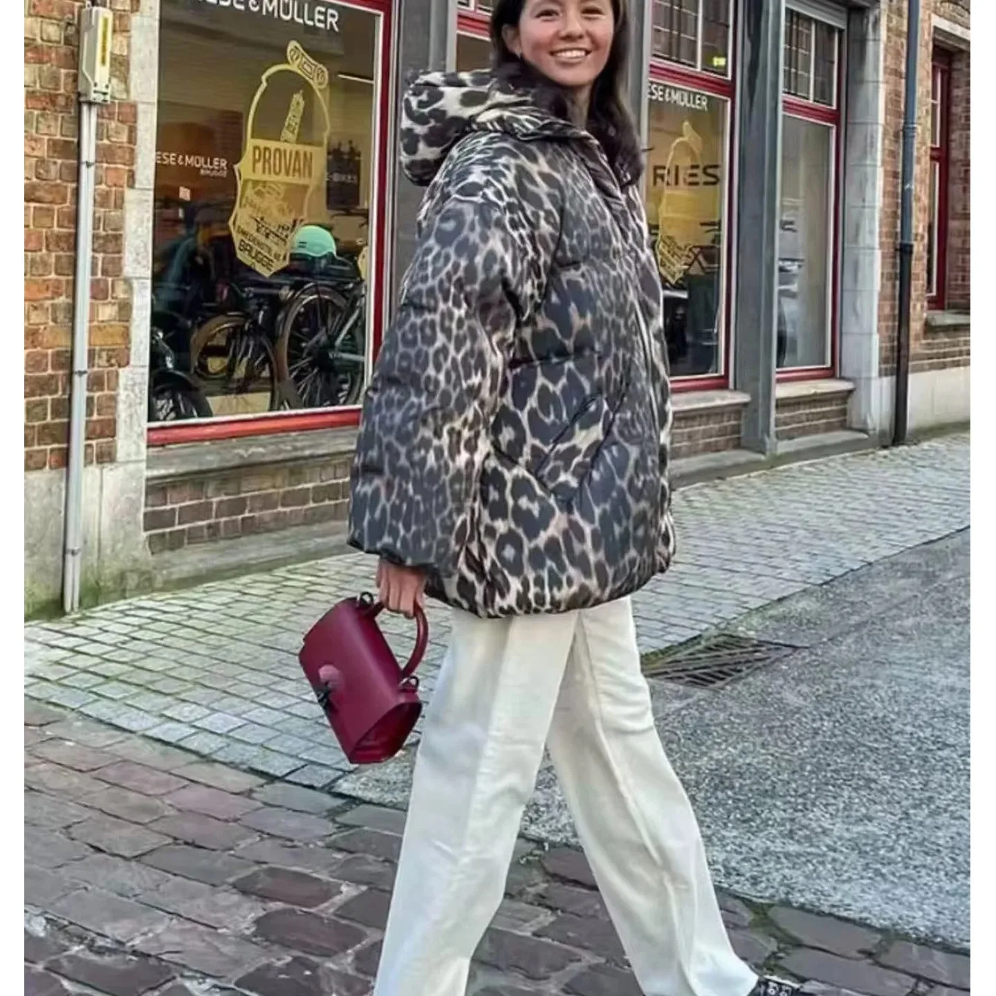 Chapéu destacável com zíper sle longo sve gola leopardo impressão ort algodão jaet feminino inverno nova chegada outerwear
