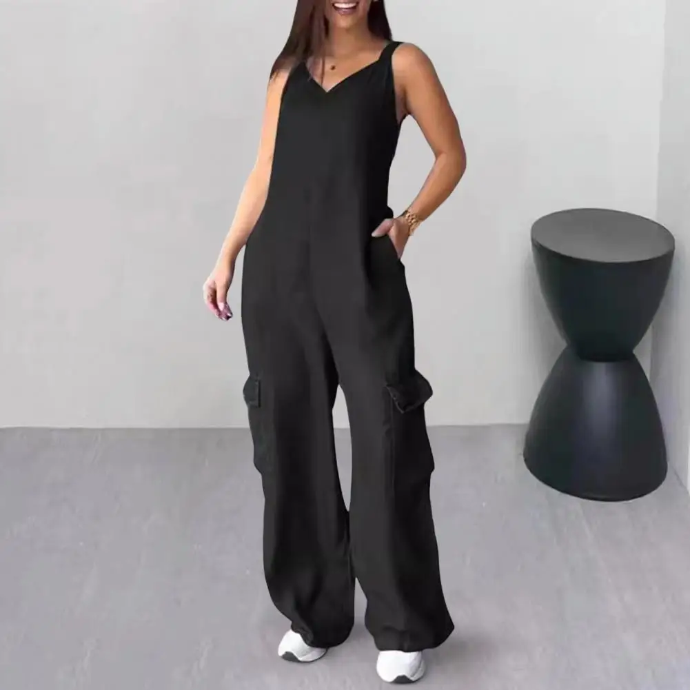 Summer Women's Jumpsuit Sleeveless Loose Wide Leg Multi-pocket V-neck Casual Deep Crotch Casual Daily Commuting Jumpsuit