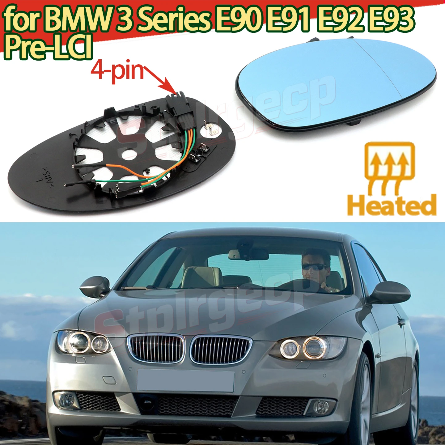 4-PIN Auto Driver Left Side Heated Wing Blue Mirror Glass Angle Rearview Mirror Base for BMW 3 Series E90 E91 E92 E93 Pre-LCI