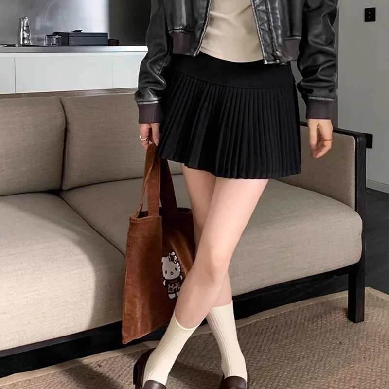여성 가을 ​​새로운 모직 플리츠 스커트 한국어 하이 웨이스트 슬리밍 미니 스커트 여성 편안한 신축성 데일리 a 라인 스커트