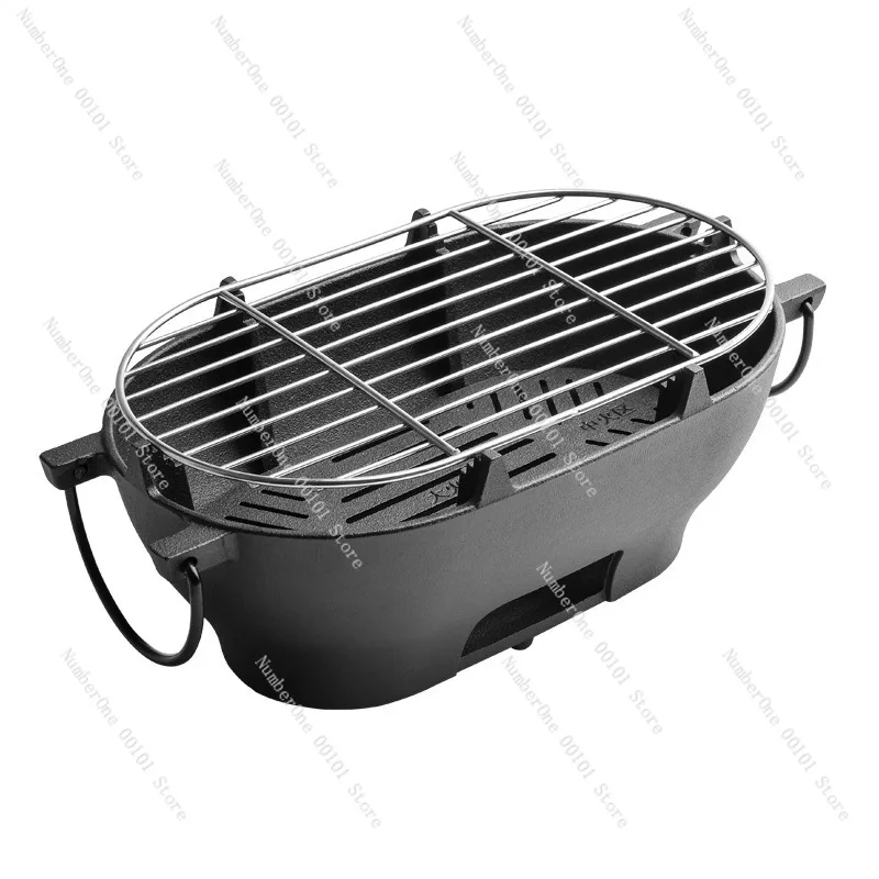 Portable Cast Iron Charcoal Grill Oval BBQ Roasting Pan Durable Multifunction Barbecue Stove for Home Garden Patio Camping