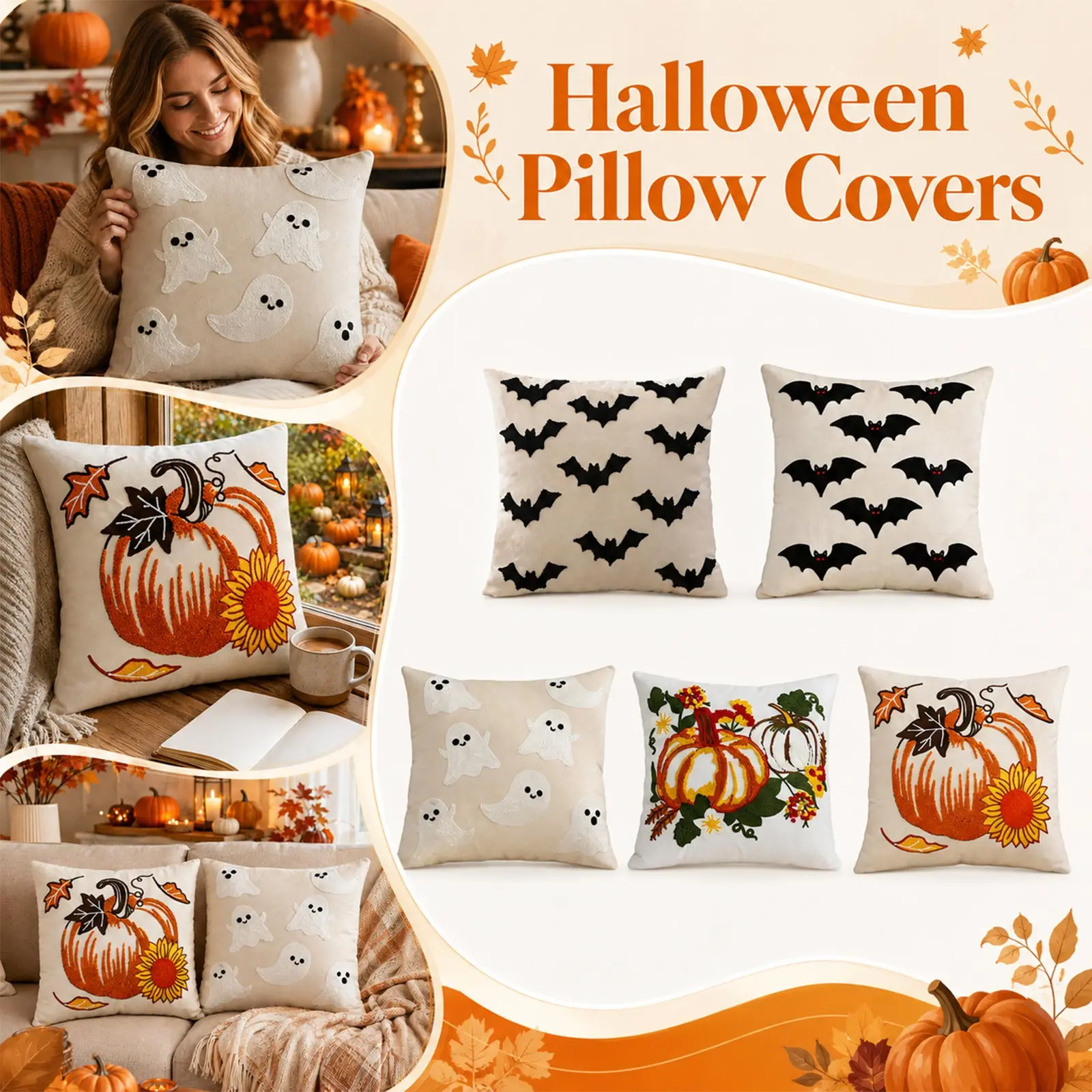 Halloween Pillow Cover 45*45 cm, Embroidered Pumpkin Decorative Cushion Cover, Single-Sided Pillow Case for Couch Bedroom