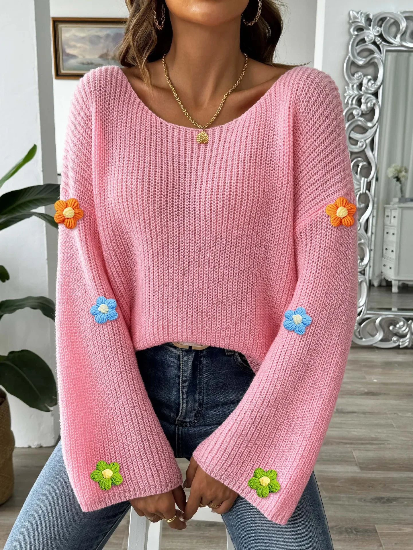 

Pullover Sweater Women Knitting Top Flower Flare Sleeve Slash Neck 2025 Autumn Winter Office Lady Jumper Knitted Tops Knitwear