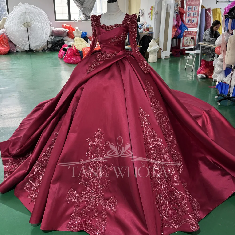 Customizable Red Evening Dress With Square Collar Long Sleeves Lace Up Back Crystal Beading Embroidery For Women Formal Dress