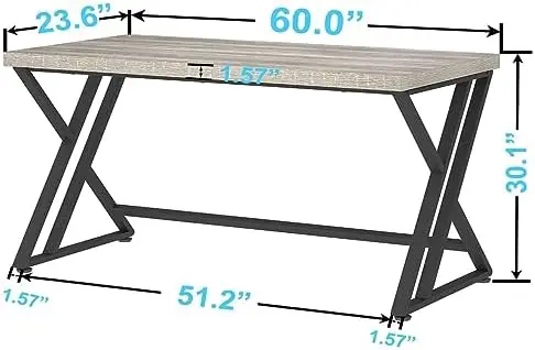 60 Inch Modern Grey Wood Metal Computer Desk, Home Office Executive Desk for Bedroom Gaming Study Writing Work