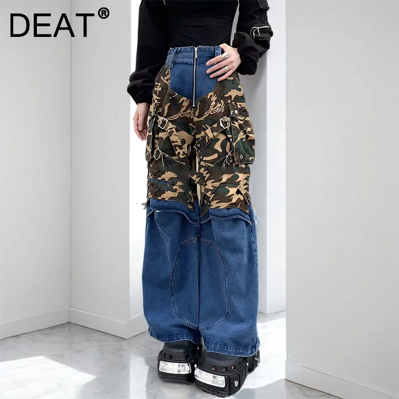 DEAT Fashion Women's Camouflage Patchwork Jeans 2024 New Autumn New Items High Waist Zipper Straight Denim Pants Female 11A02087