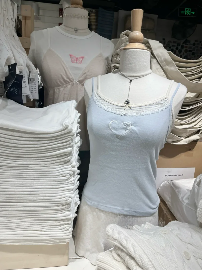 

Heart Embroidery Blue Tank Top Women Bow Lace Trim Stretch Slim Camisole Summer Sweet Cute Basic Sleeveless Crop Tops Y2k New