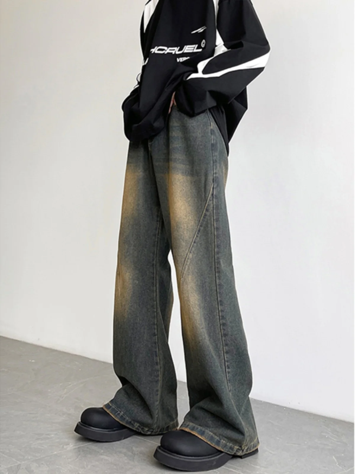 

Retro k Blue Men's Jeans Spring Autumn Long Tall Cleanfit Micro Flared Pants mid Low Waist Zipper Closure Straight Leg Jeans