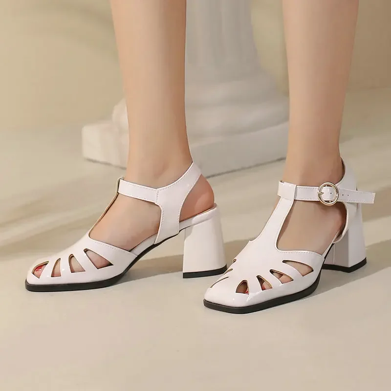 Laser Cutout Design Womens Summer Shoes PU Patent Leather Grey Black Chunky Heels Fisherman Woman Sandals T-stap Plus Size 47 48