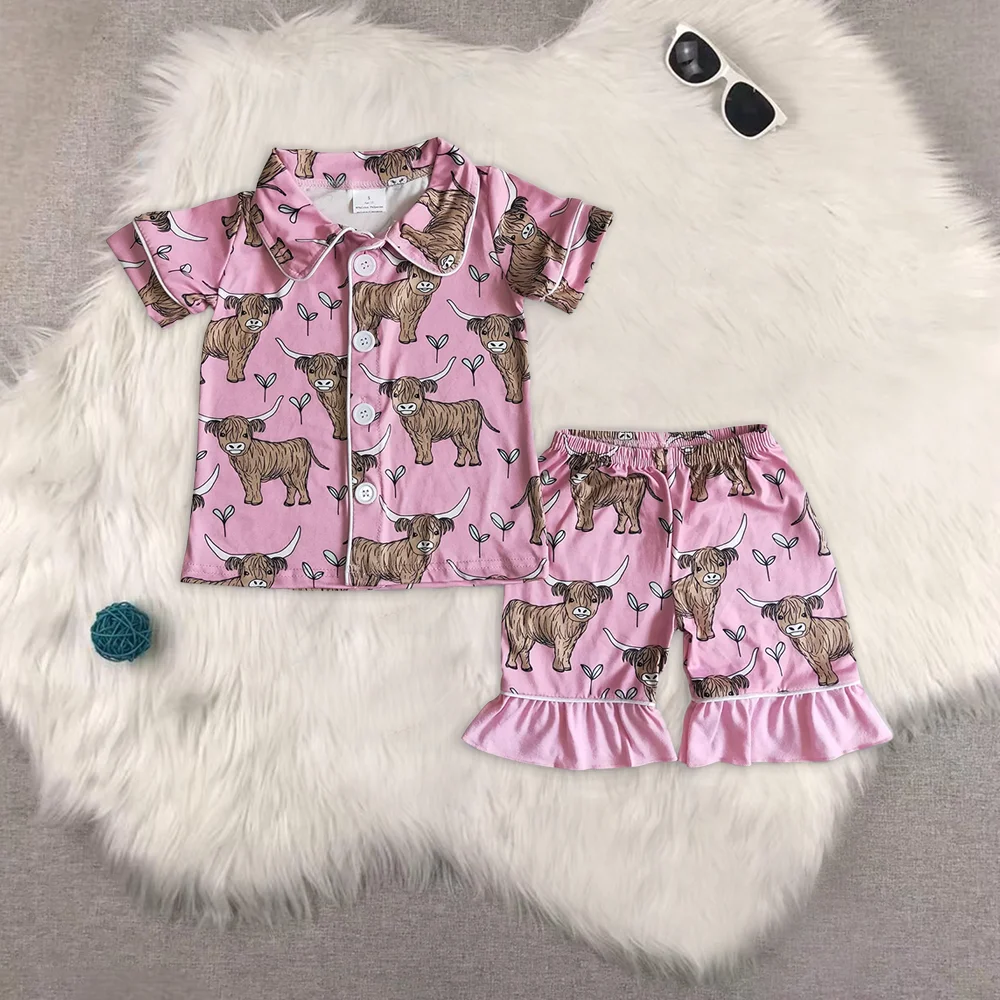 

Baby girls pink heifer western shorts summer button down pajamas
