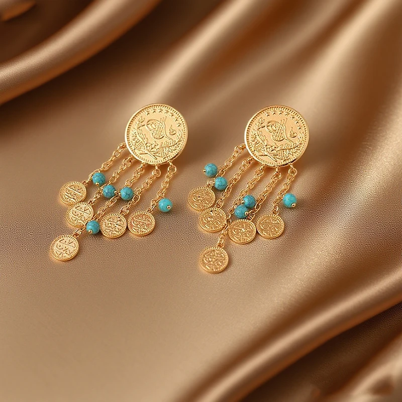 Turkish Kurd Coin Earring Gold Color Arabic Middle East Bridal Ear Drop Muslim Women Dangle Earrings Wedding Jewelry