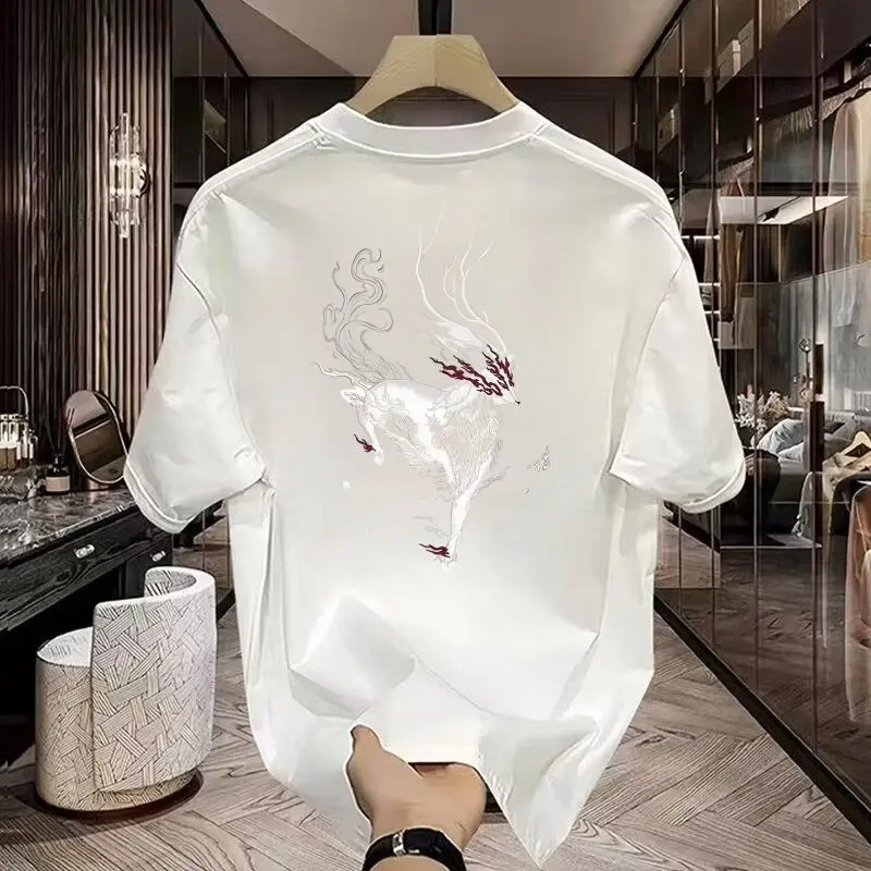 Summer New China-Chic Chinese Style Kirin Print Loose Fashion Cotton Half Social Short Sleeve T-Shirt Men