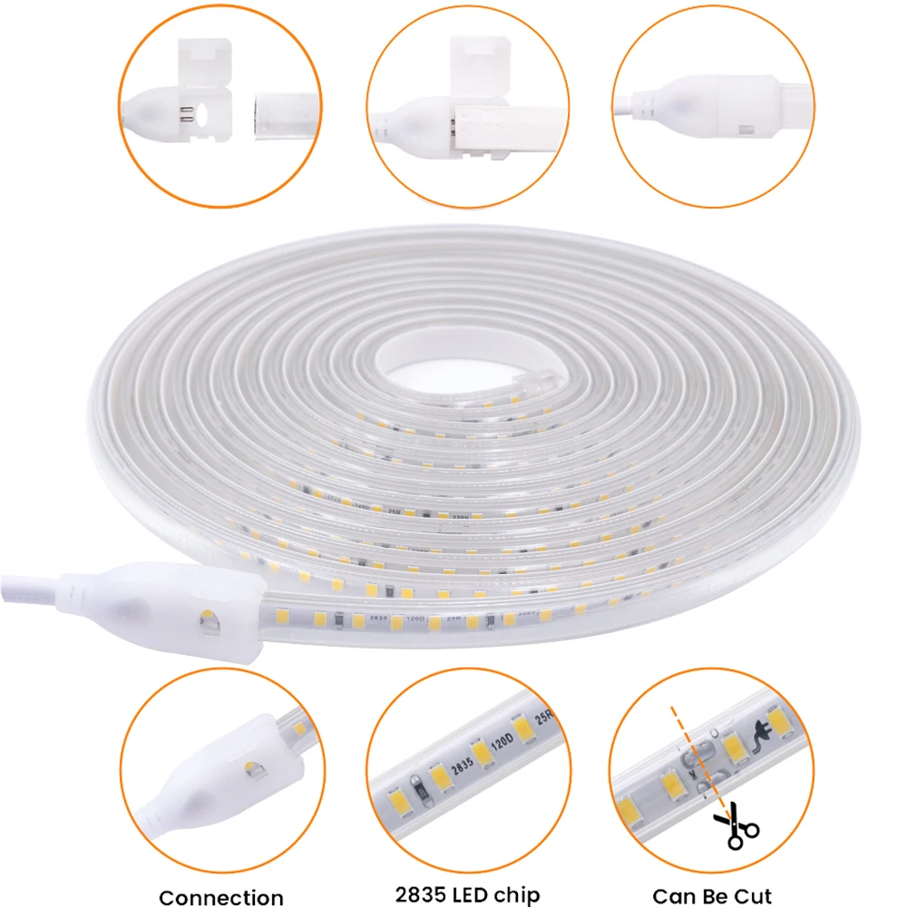 Tira de luces LED cortable de 20cm, cinta Flexible de 220V, 2835SMD, 120LED/m de alta calidad, impermeable, para exteriores, decoración del hogar