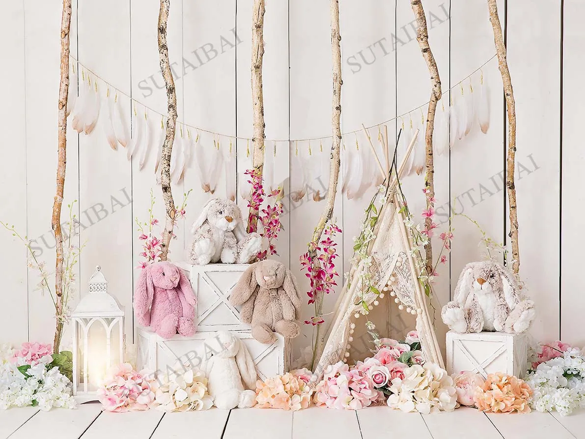 Spring Easter White Wood Board Backdrop Photography Colorful Eggs Garland Rabbit Flowers Easter Children Party Decor Background