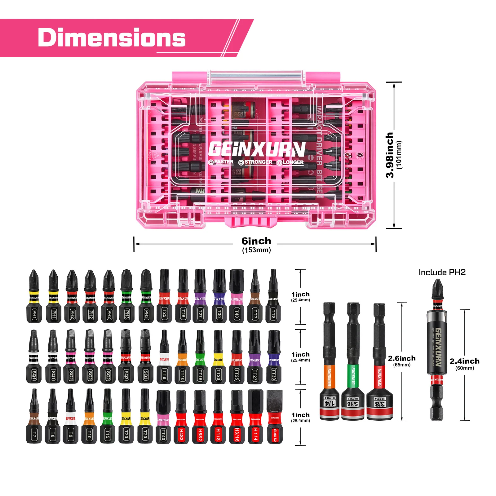 Geinxurn 47PCS Screwdriver Bits Set Magnetic S2 Steel 1/2'' PH/SQ/Torx/HEX/SL Impact Bit Holder Nut Driver in Pink Box for Home