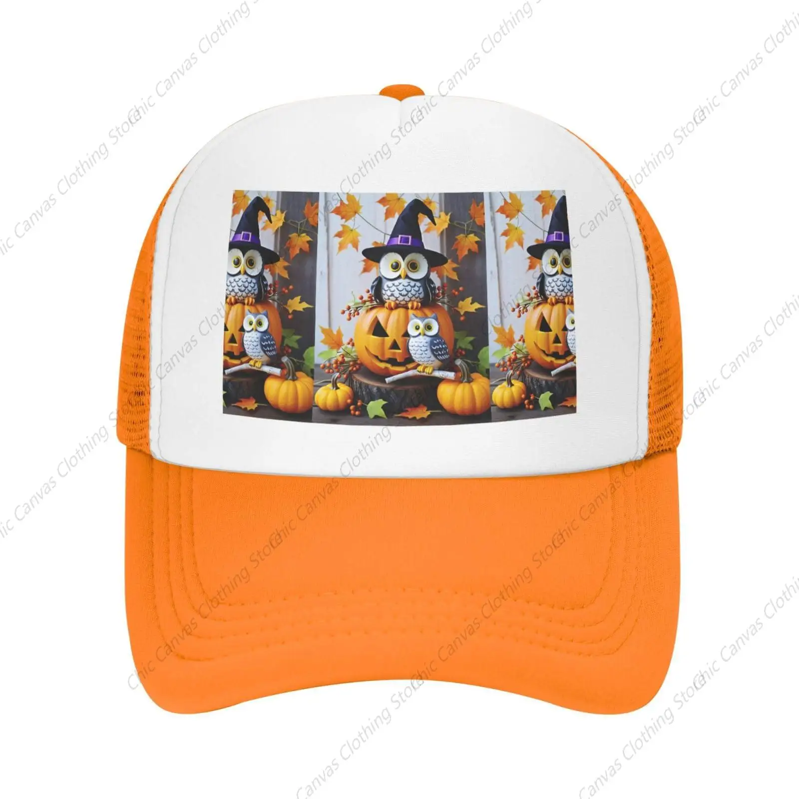 Halloween Pumpkin And Owl Printed Mesh Baseball Cap Breathable Adult Outdoor Mesh Hat Travelling Sun Protection Hat Unisex Cap