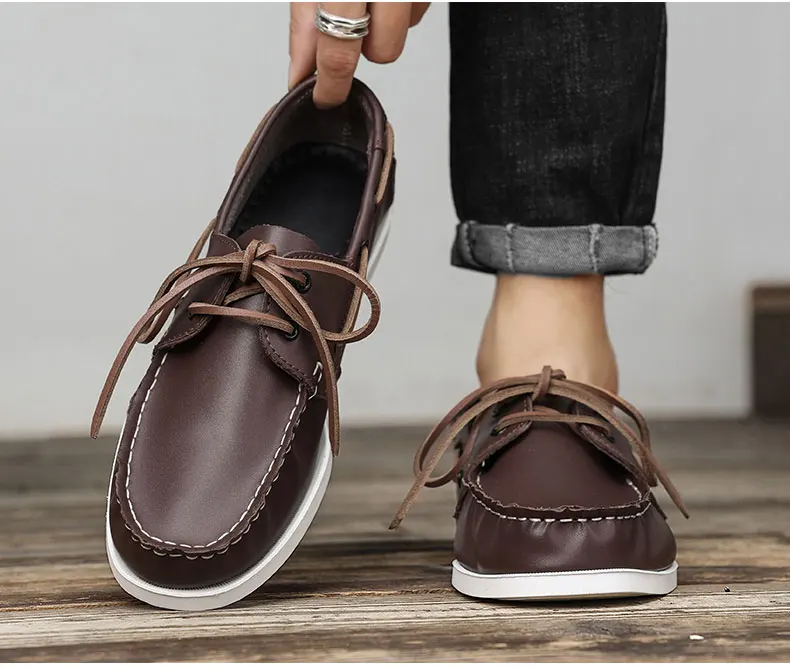 Herren Bootsschuhe aus echtem Rindsleder, schnelltrocknend, zum Schnüren, Retro-Fashion, lässige flache Schuhe, klassisch, 2026 Neues Design, Größen 39-47 – Detail 9